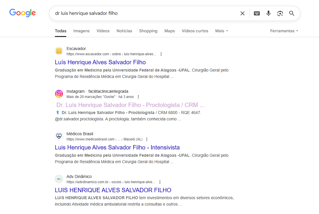 Resultado do Google para o nome do Dr. Luis Salvador