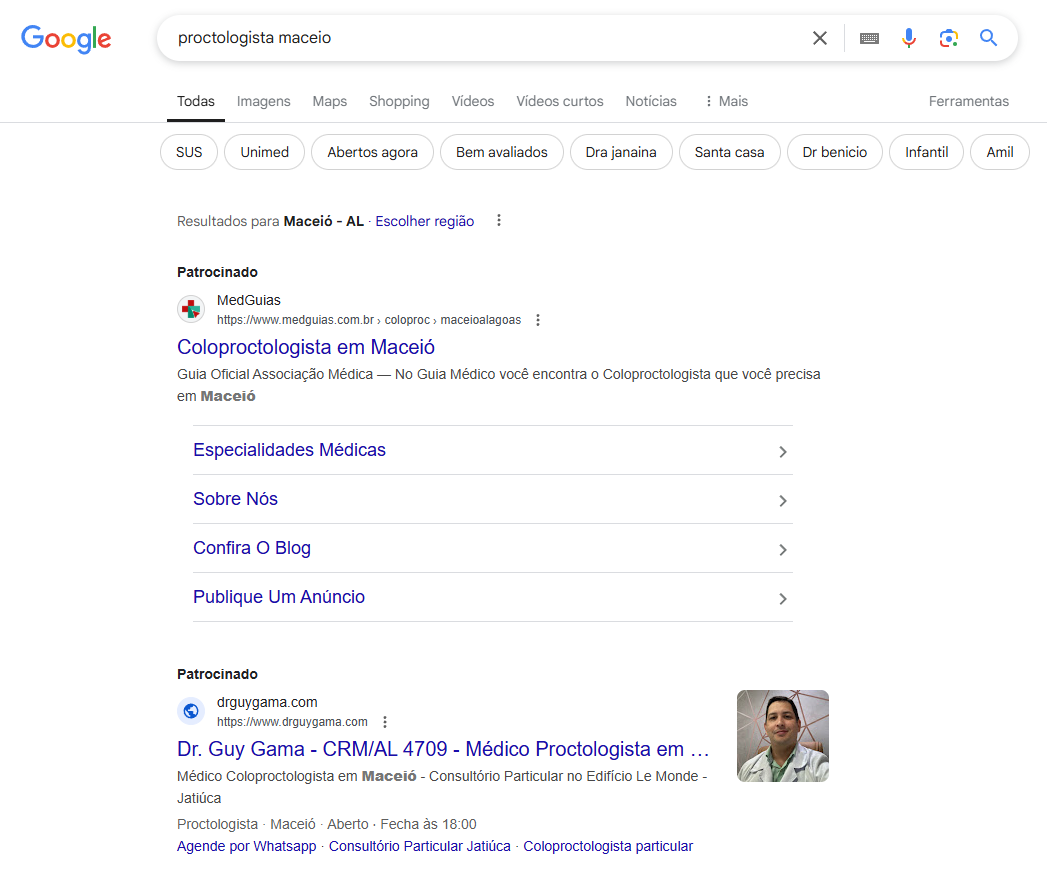 Resultado do Google para proctologista maceió