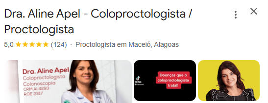 Perfil de Dra. Aline Apel no Google, nota 5,0 com 124 avaliações
